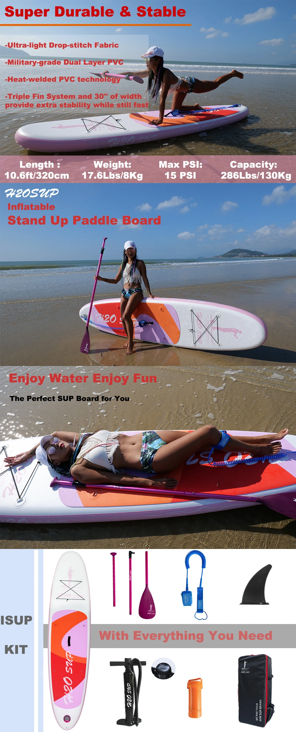 Drop Stitch PVC Custom Paddleboard Surfing Inflatable Stand up Paddle Board Isup Surf Board in 10′6′′